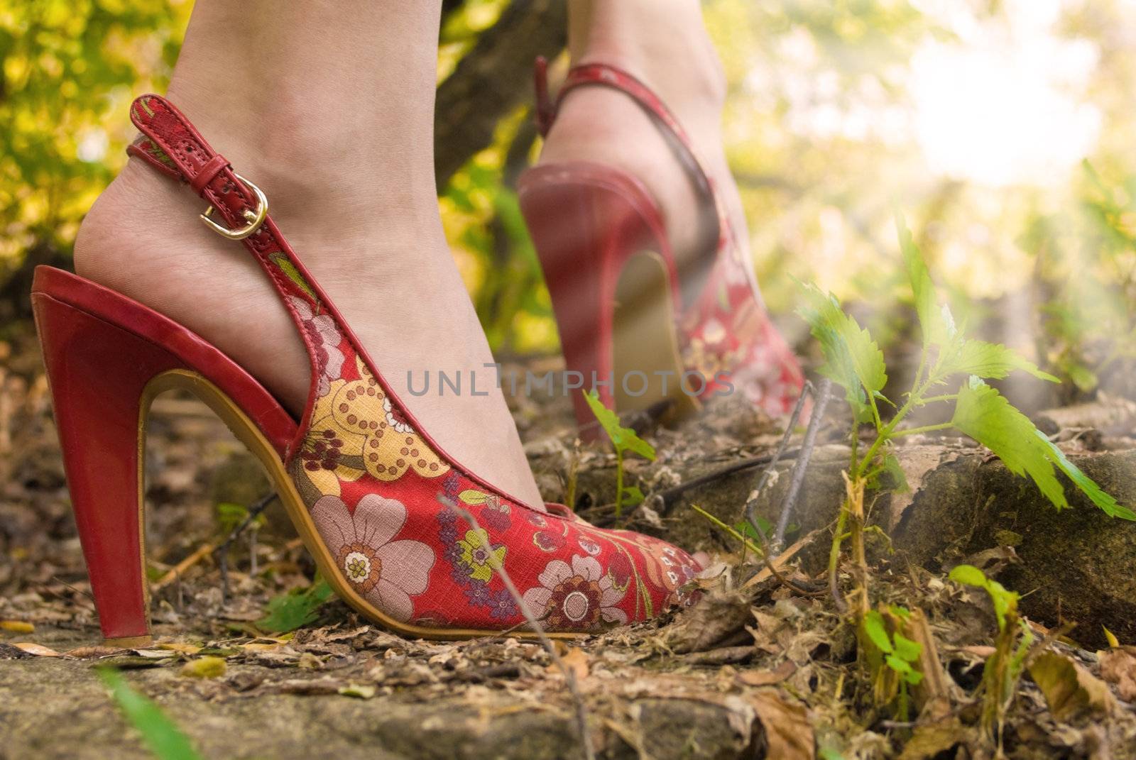 Pair of female feet high-heeld on red shoes. Woman stands on stone staircase. She meets a dawn in the wood.