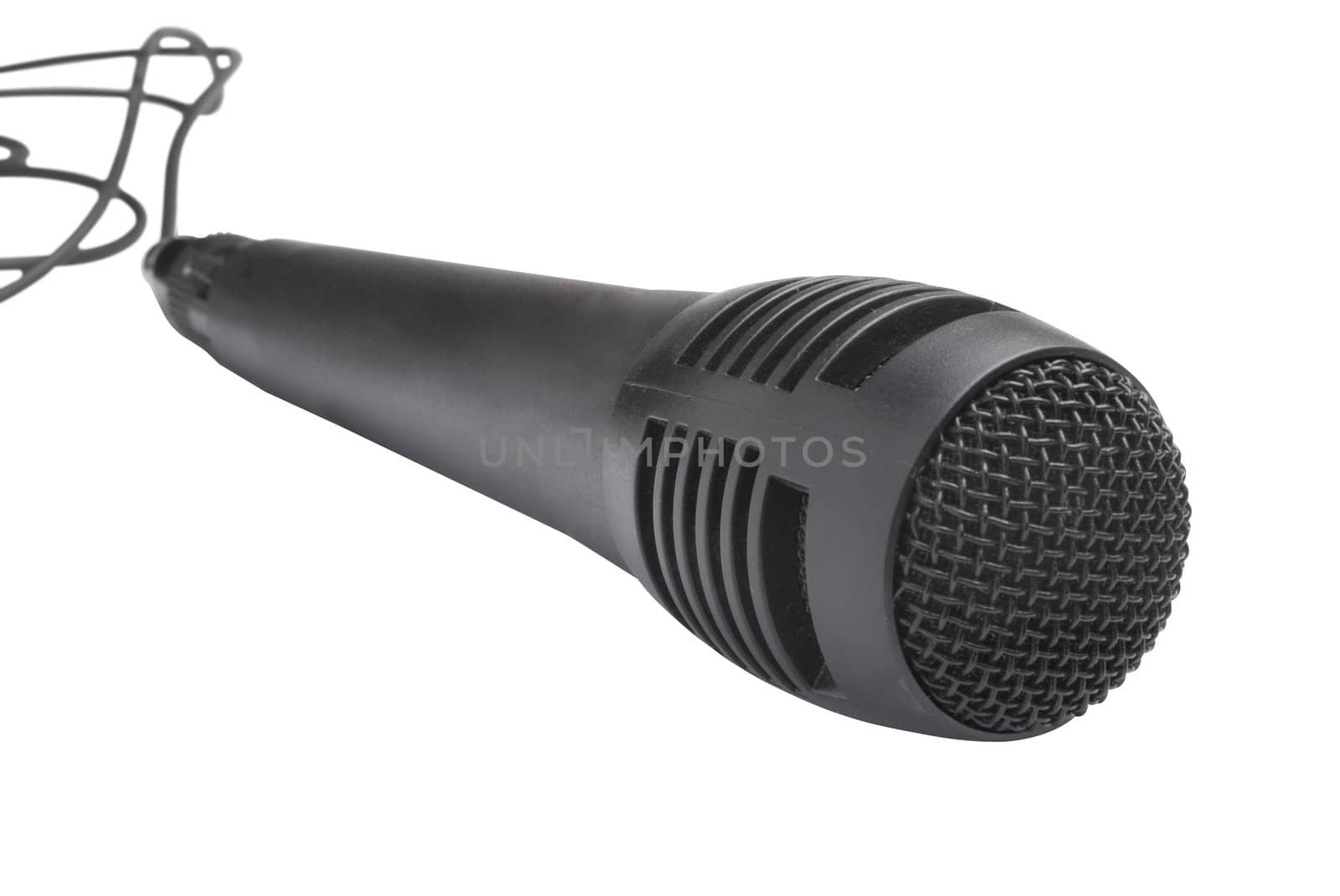 Simple black microphone with cord. Isolated on white background