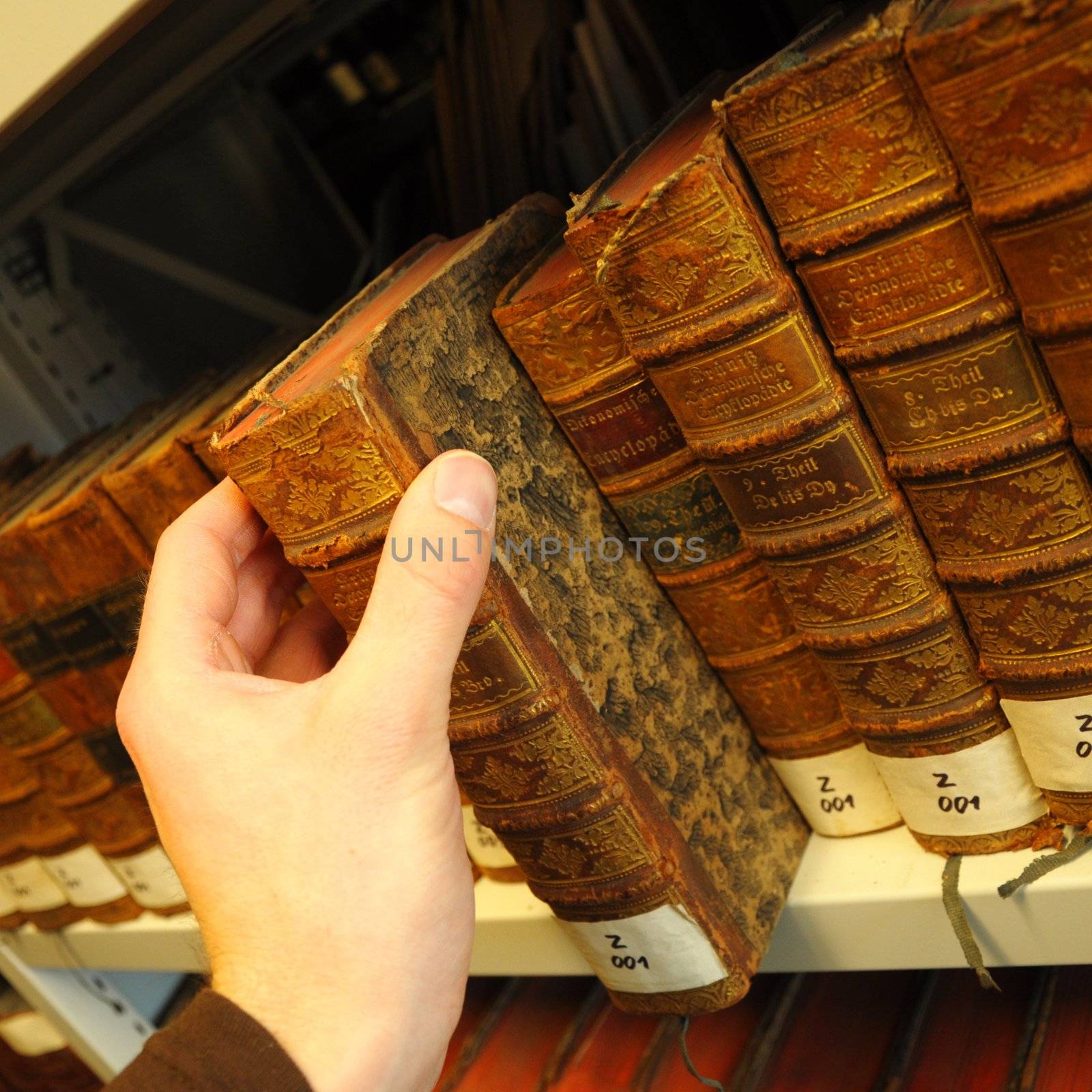 old books in a library with hand showing education concept