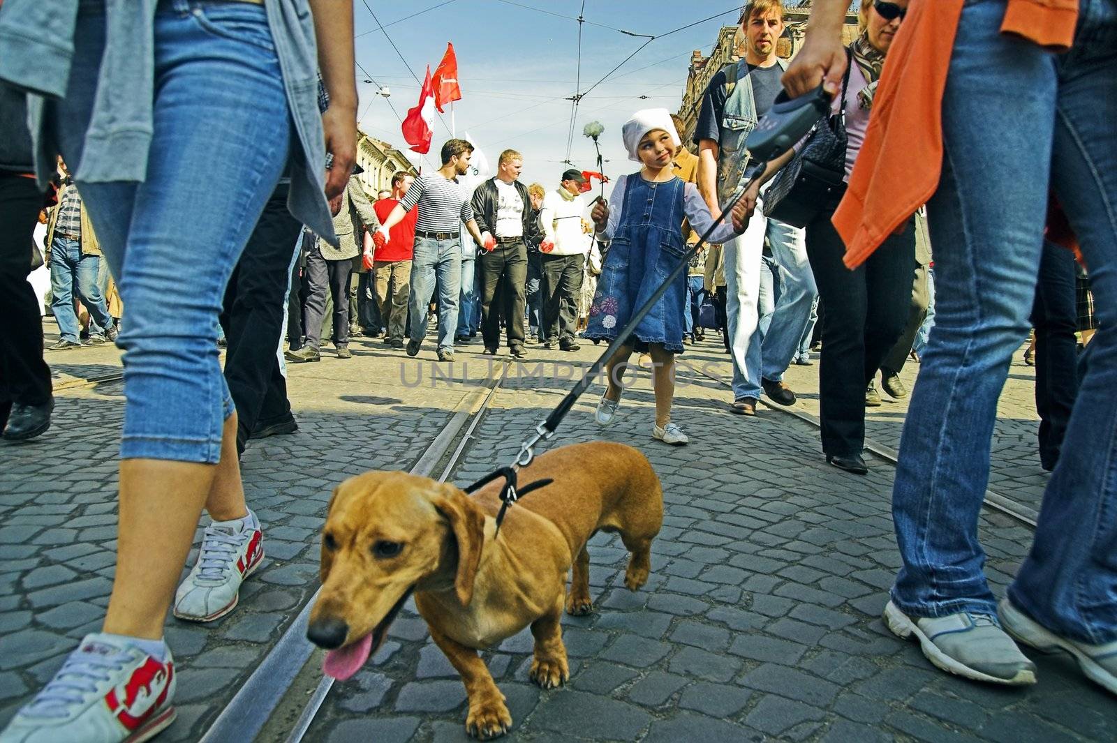 ST PETERSBURG, RUSSIA-MAY 1, 2008: People marching in the street in a protest demonstration called March of Dissenters.