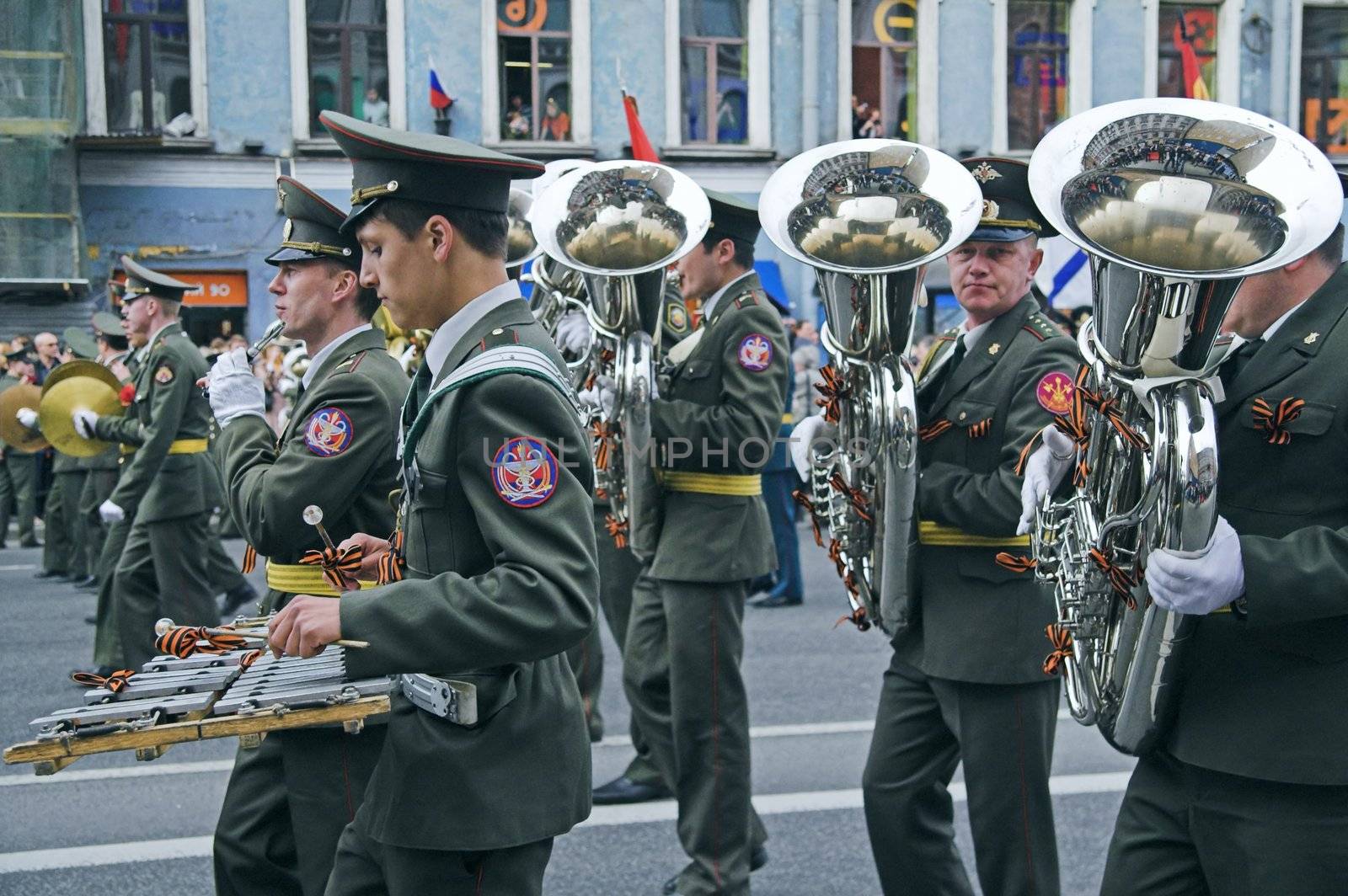 ST PETERSBURG - MAY 9: Military orchestra musicians parading to celebrate World War II Victory Day May 9, 2008, St Petersburg, Russia.