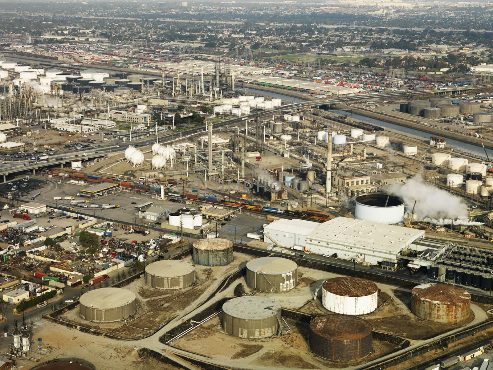 Aerial view of liquid storage tanks in Los Angeles California oil refinery.