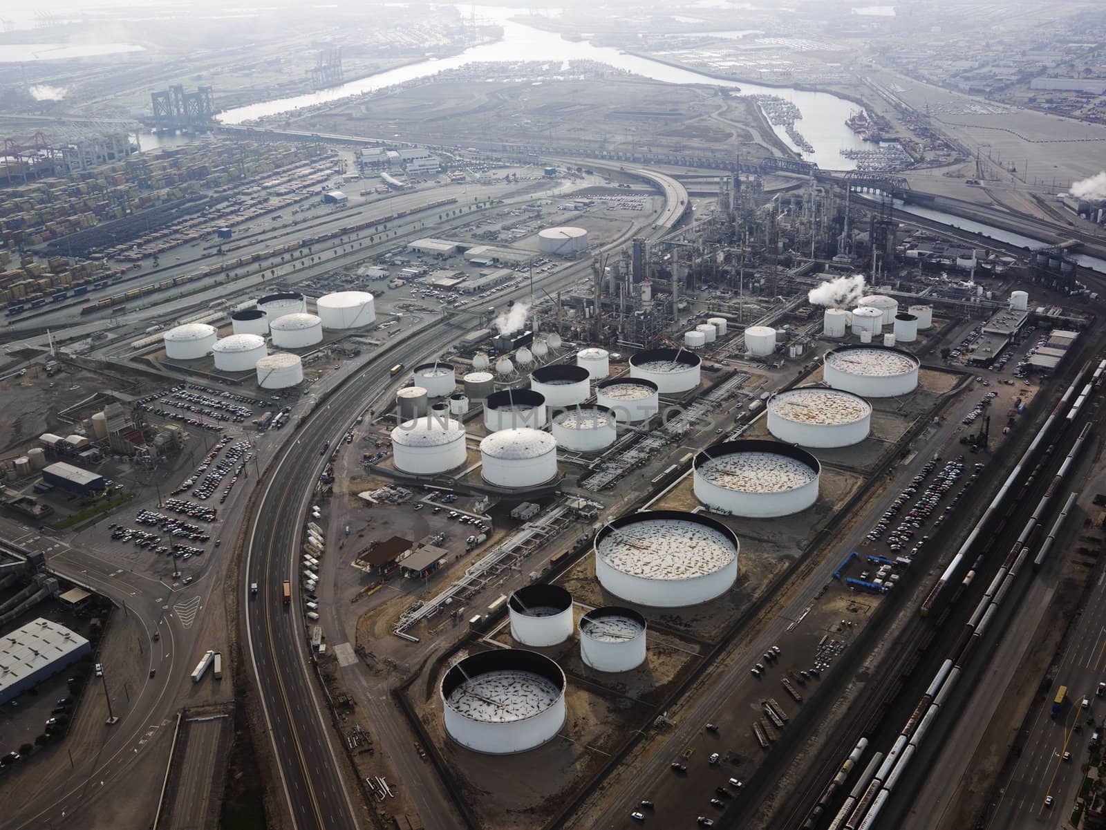 Aerial view of liquid storage tanks in Los Angeles California oil refinery.