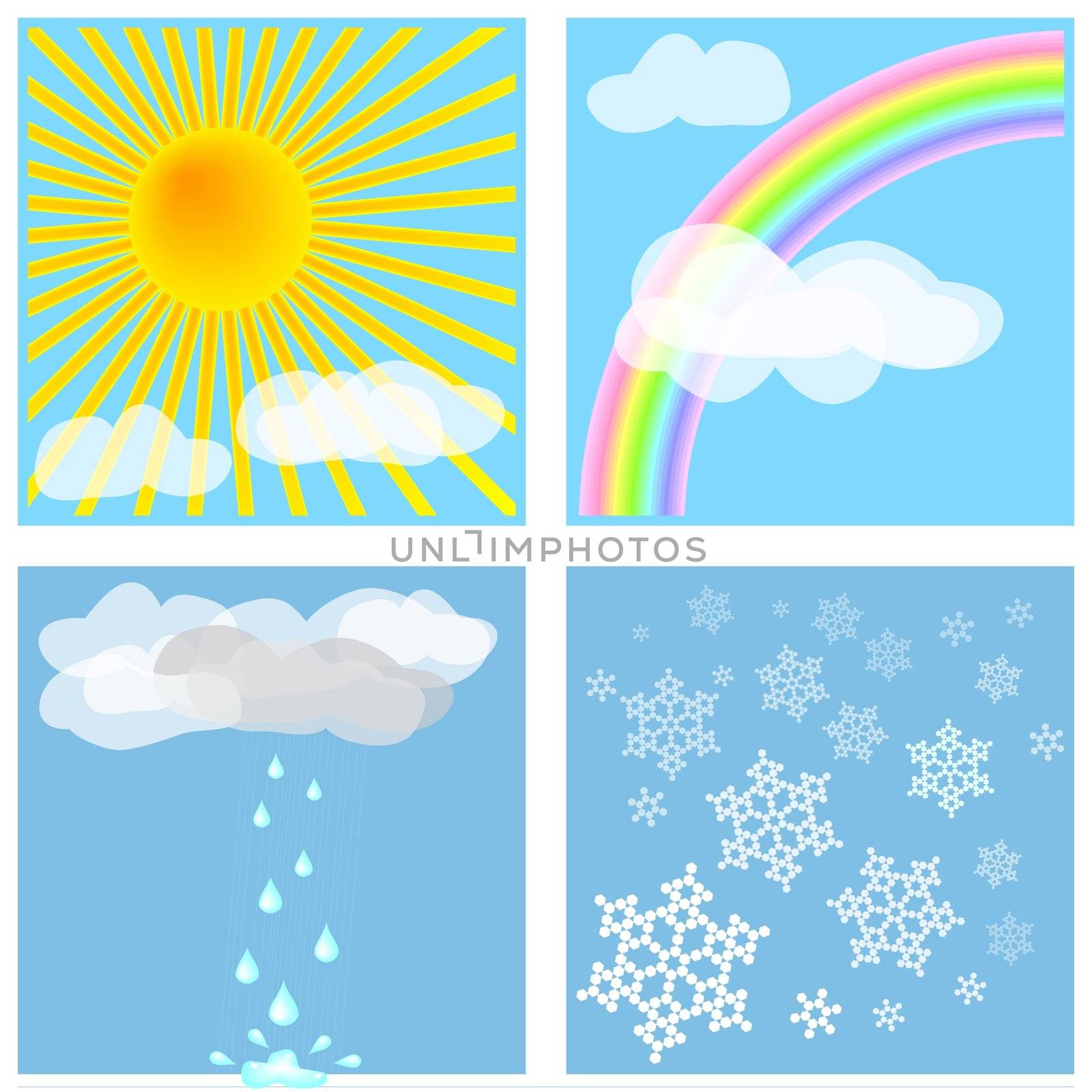 Four different weather-types illustrated in delightful colors. This illustration is easy to divide into four seperate squares to combine as you like. If you want an even better quality (more pixels) each of the four pictures can also be bought separately in my portfolio.