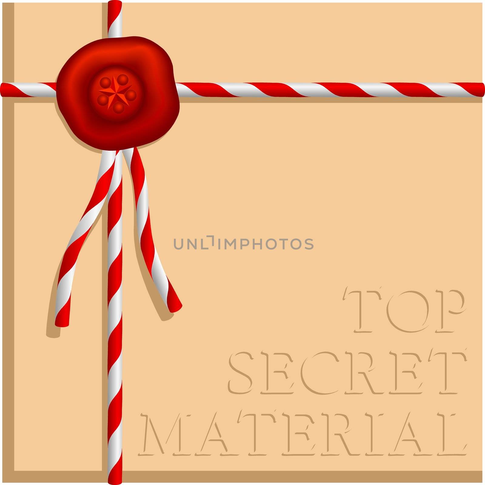 Retro style illustration from an archieve: Filed and sealed documents or records in brown paper wrapping with an oldfashioned wax seal and authentic looking document string spun of red and white thread, and the text "Top Secret Material" embossed in the surface of the brown paper. It is very easy to remove the words and replace it with your own message if you want another text. The free space left after removal of the embossed words can be used for your photo or illustration as well as for an alternative text.