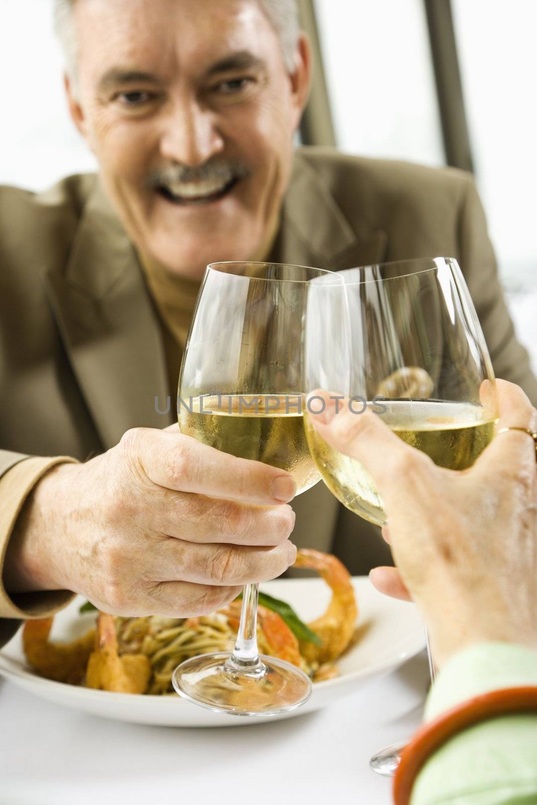 Caucasian mature couple toasting with white wine in restaurant.