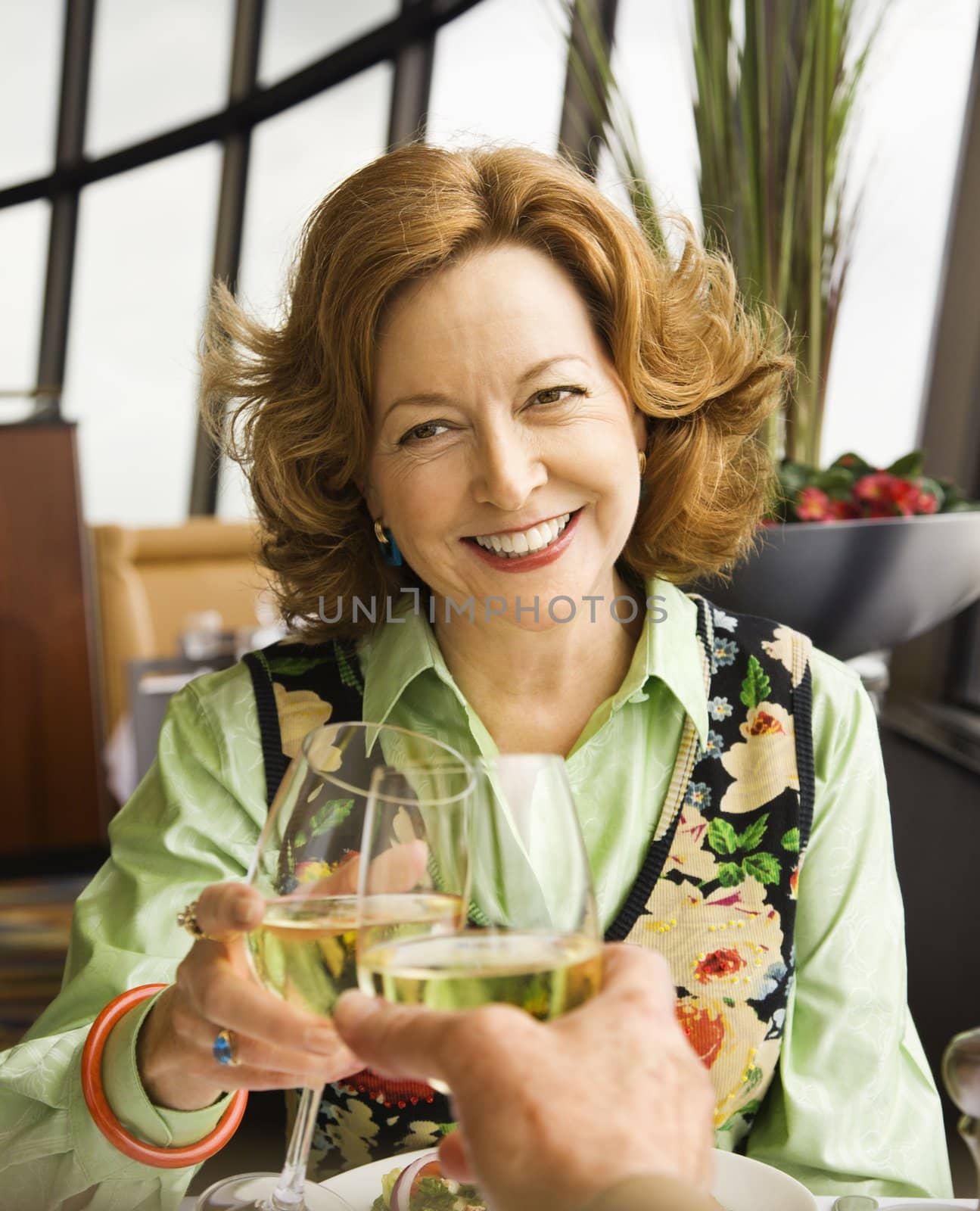 Caucasian mature couple toasting with white wine in restaurant.