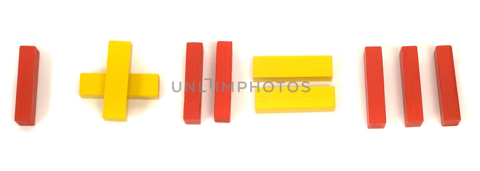 Red and yellow blocks spelling out that 1 and 2 equals 3