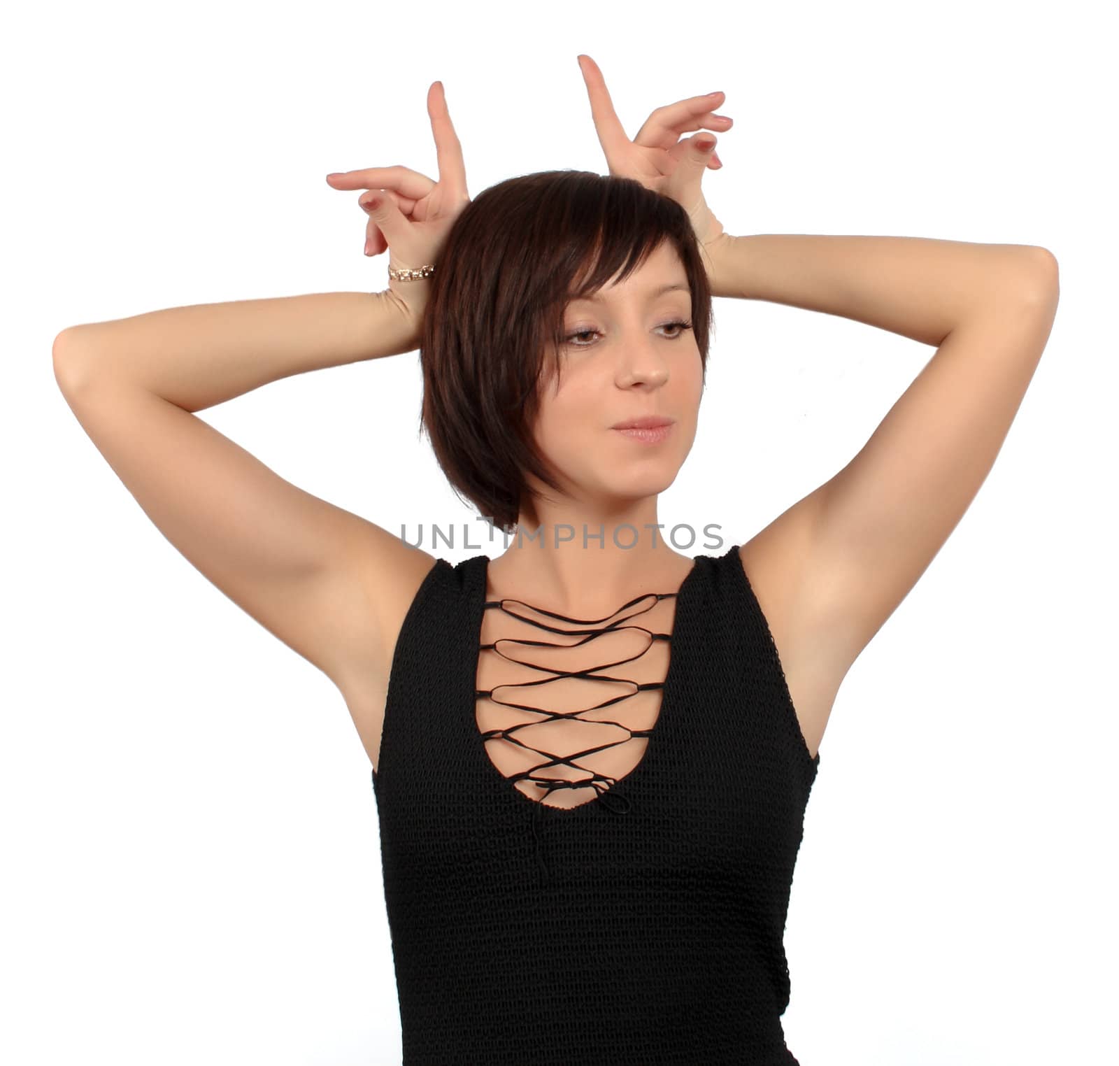 dark haired girl in black dress isolated over white