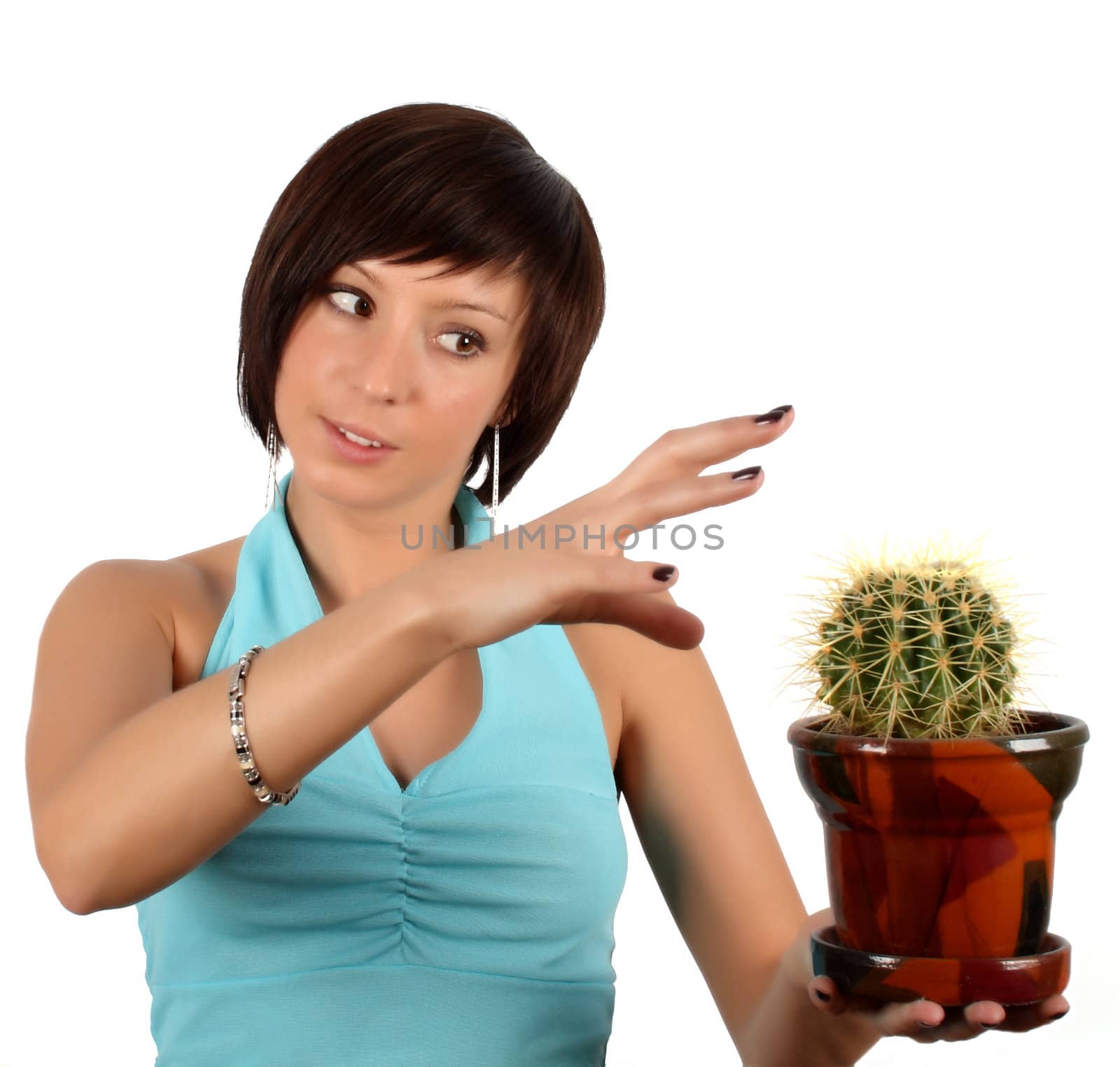 young girl with cactus in flowerpot isolated over white