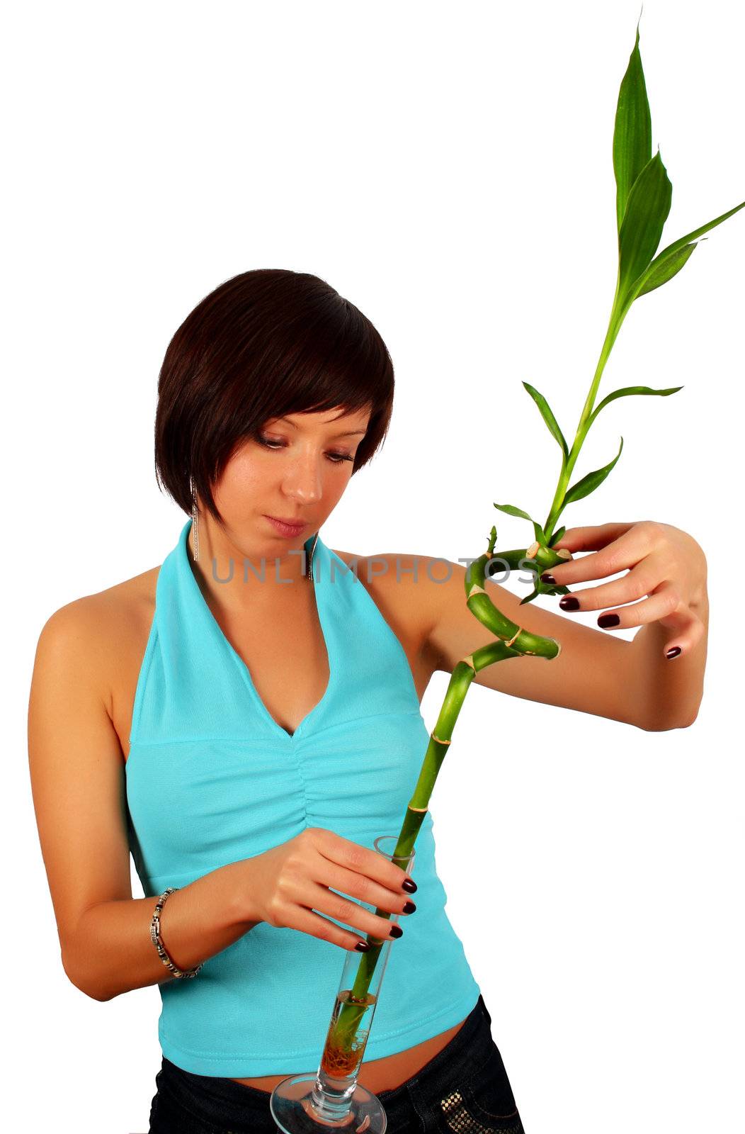 young girl with bamboo isolated over white