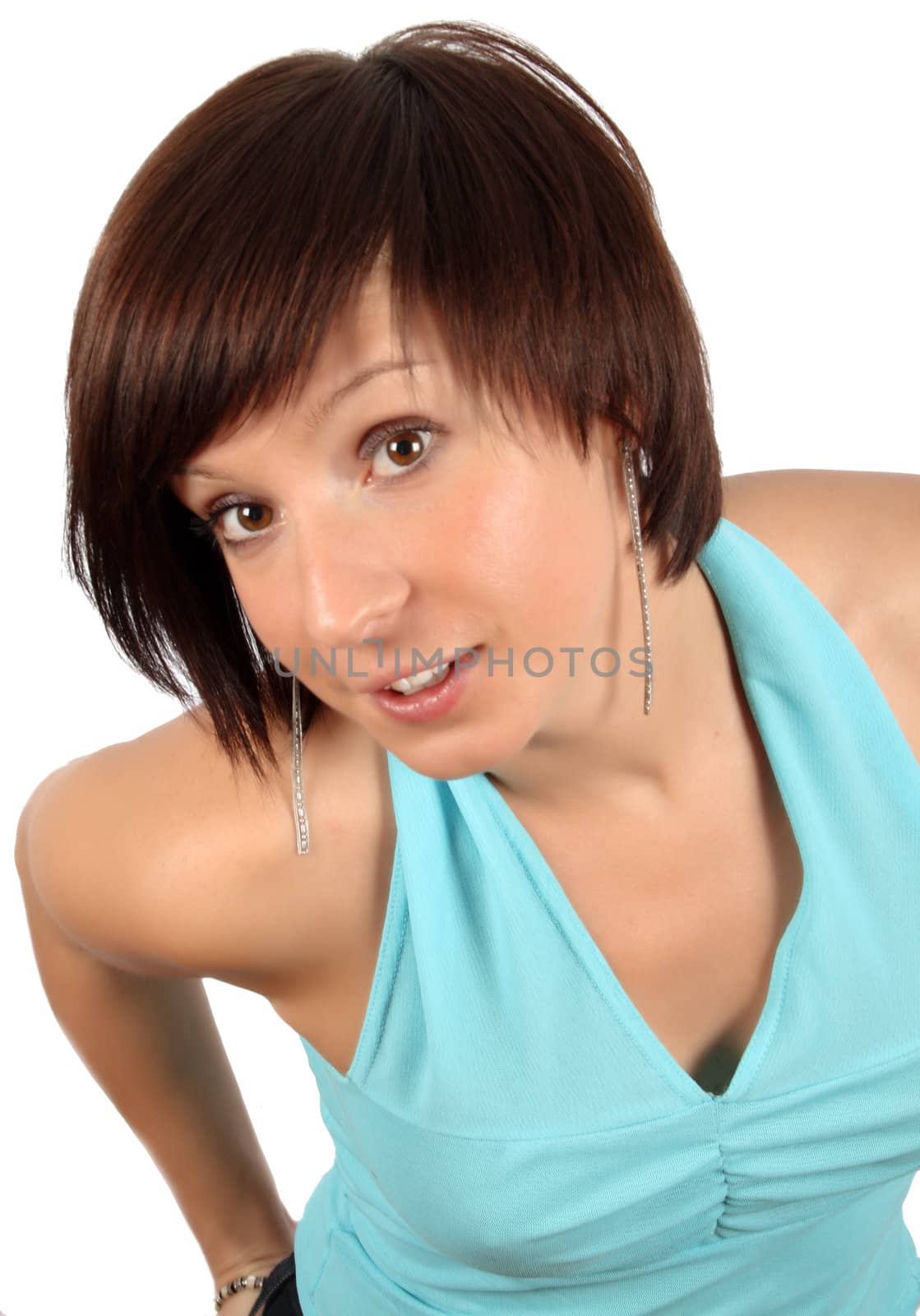 young girl in blue T-shirt isolated over white