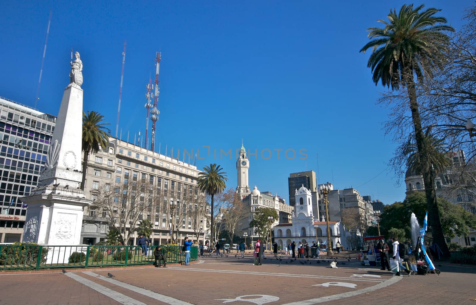 Plaza de Mayo in Buemos Aires, Argentina, is the most important plaza, and a national landmark, it is the place of reunion for most political meetings. In the bcakround the historical Cabildo.