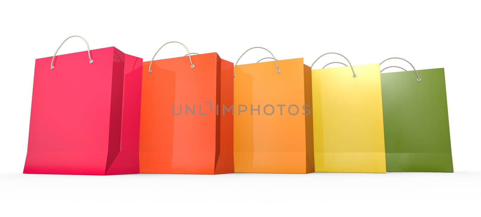 Five colorful shopping bags. 3D rendered illustration.
