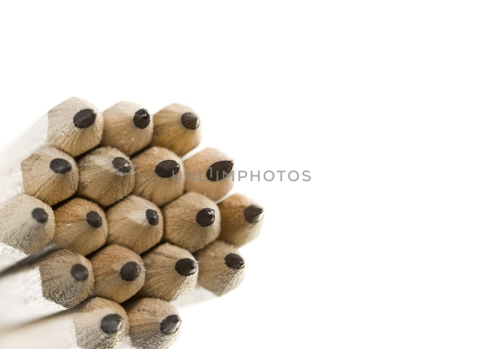 assorted pencils isolated on withe background in a composition