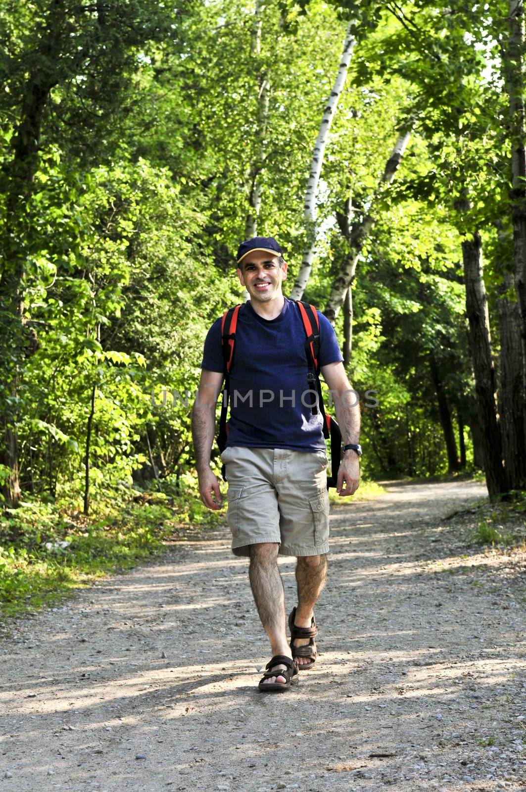Man walking on forest trail by elenathewise