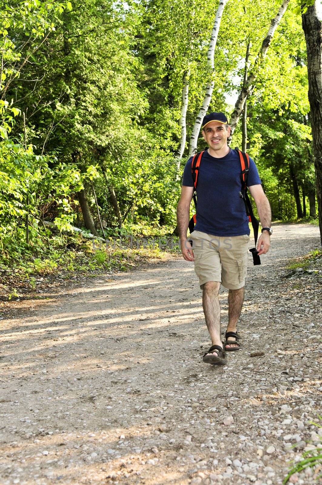 Man walking on forest trail by elenathewise