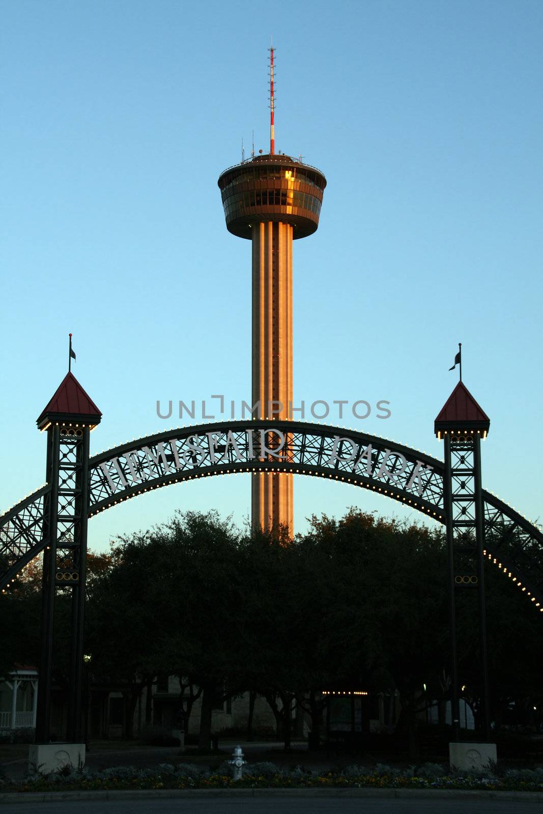 A shot of the Tower of the Americas in San Antonio, Texas from HemisFair Park.