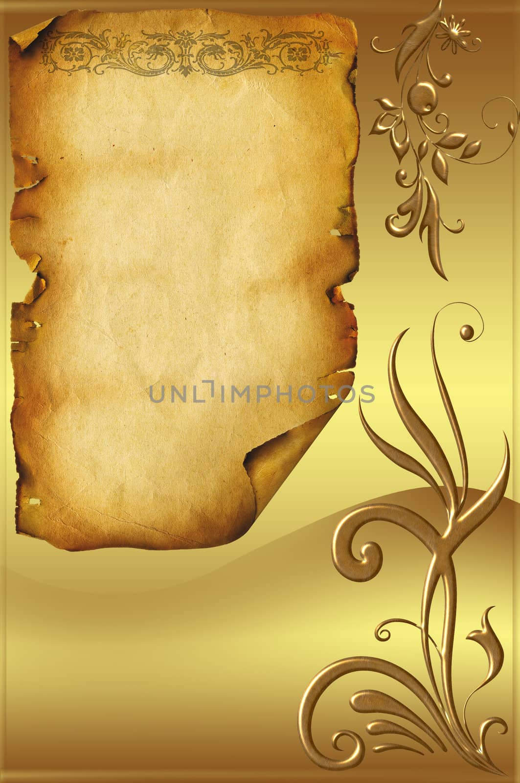 Parchment on decorative golden background with floral elements