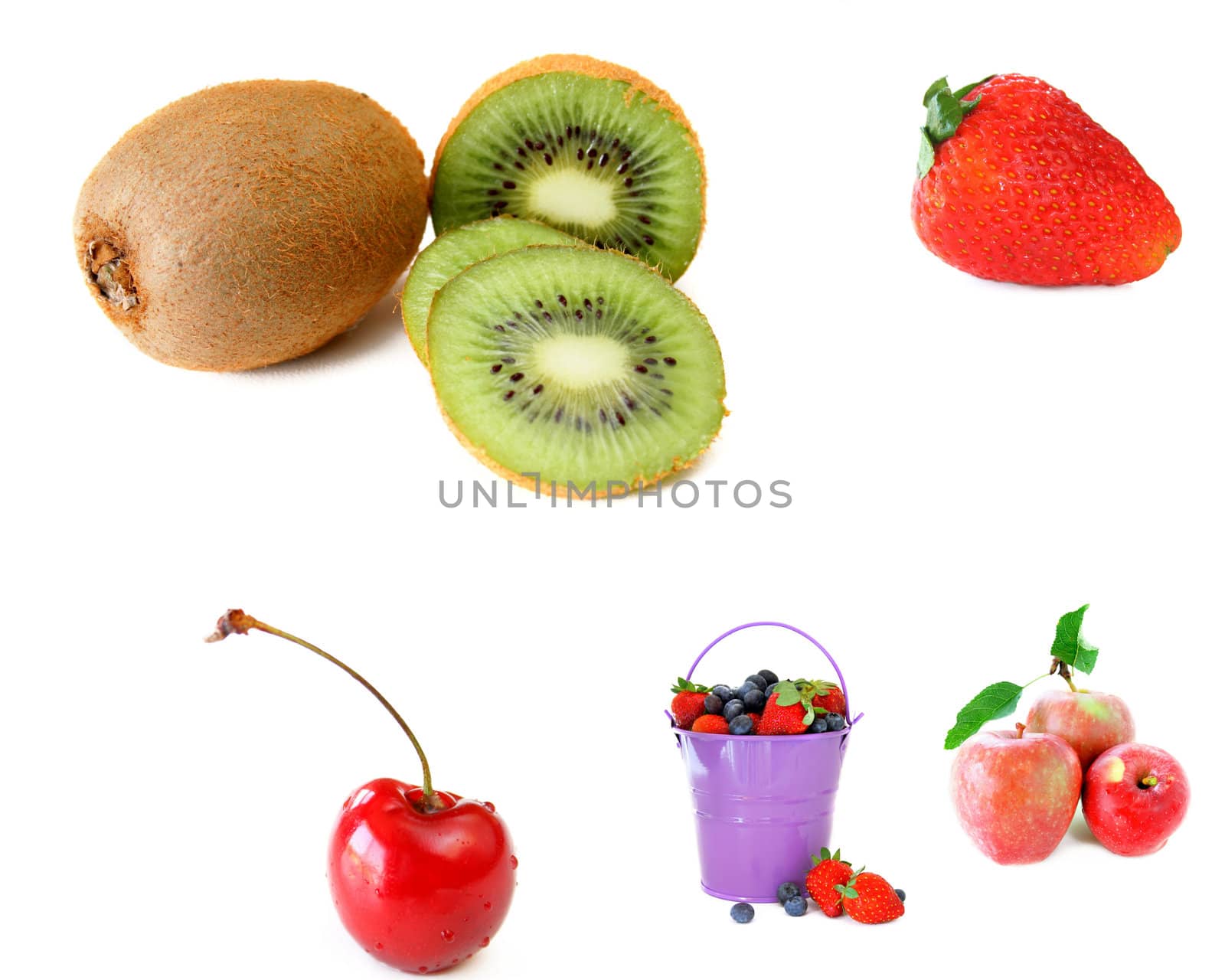 Collection of fruit in a collage on white.