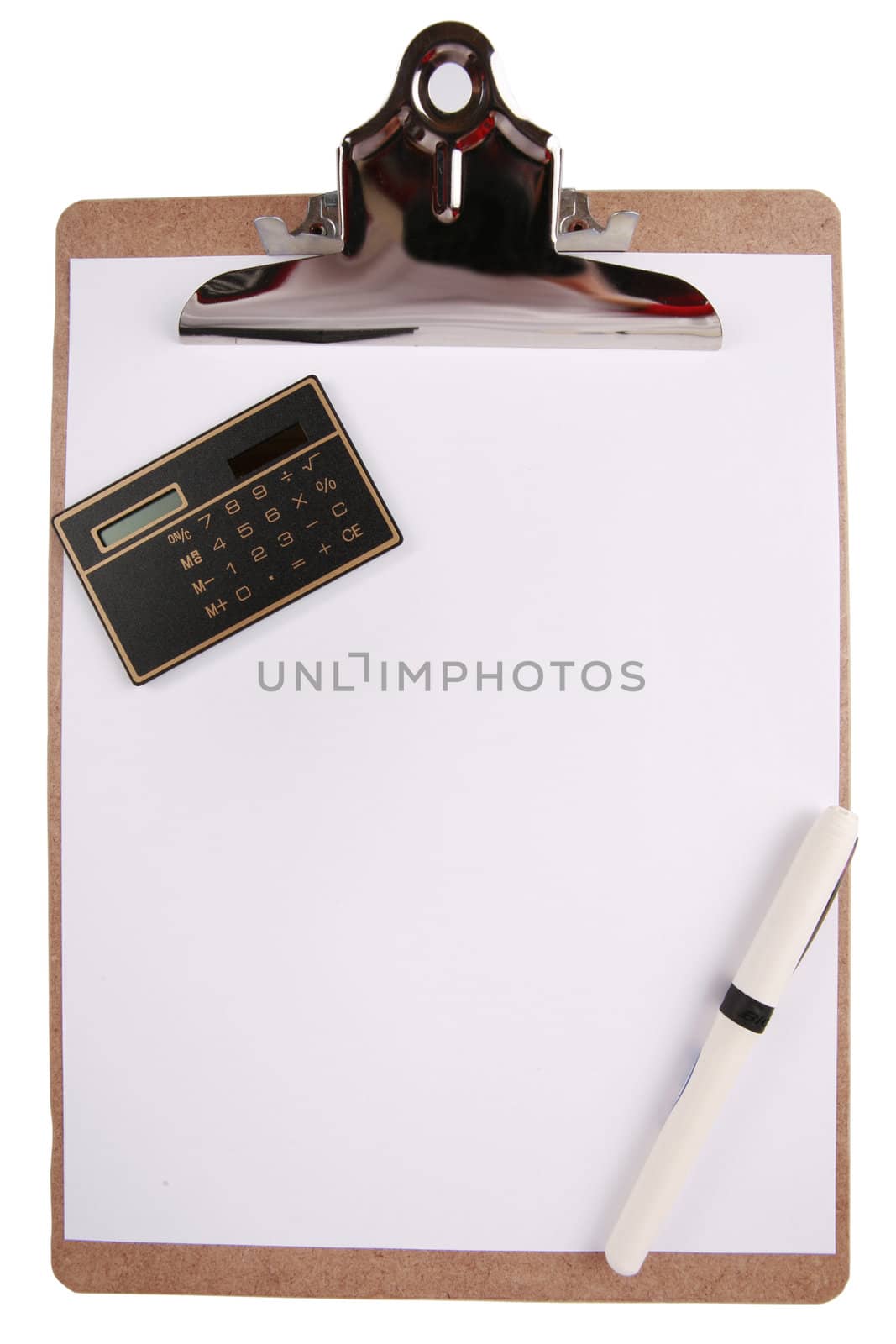 Clipboard with paper, pen and calculator by jarenwicklund