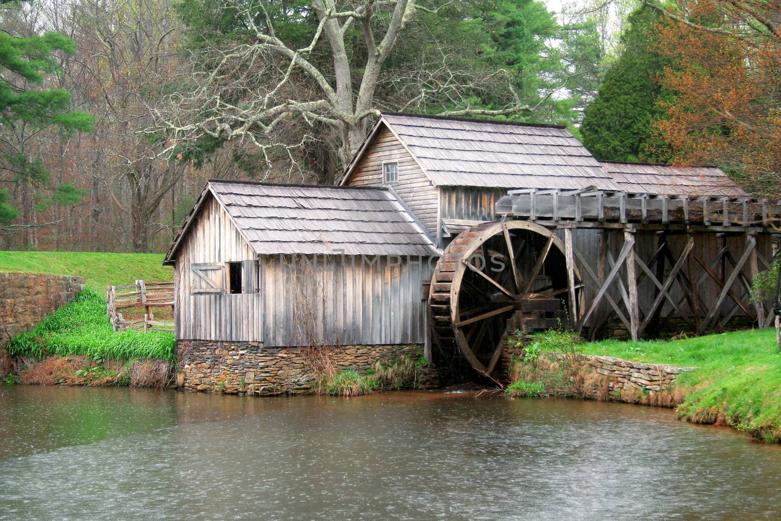 Mabrys Mill along the Blue Ridge Parkway in Virginia on a rainy spring day.