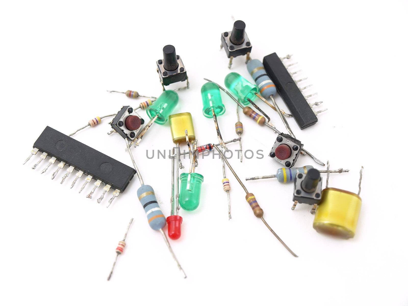Various buttons and switches for electronic equipment isolated on a white background.