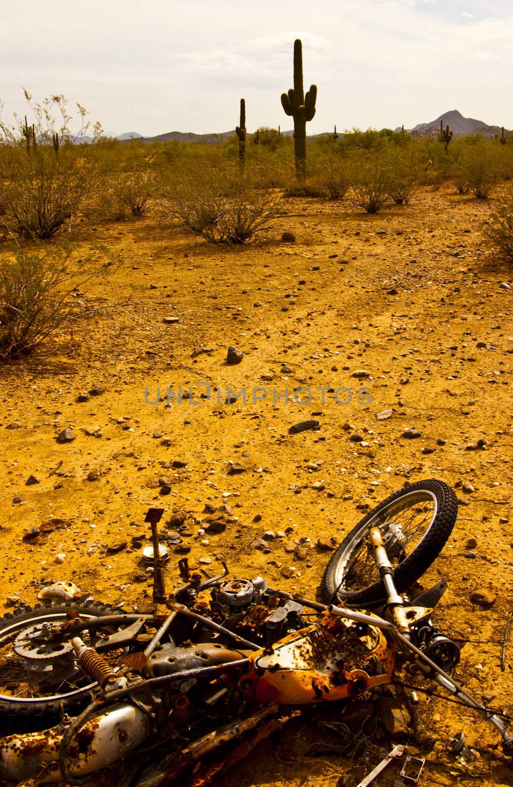 Broken down motorcycle in Arizona desert