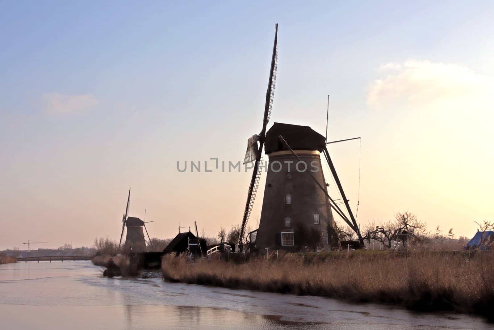 Windmills in wintertime at Kinderdijk in the Netherlands