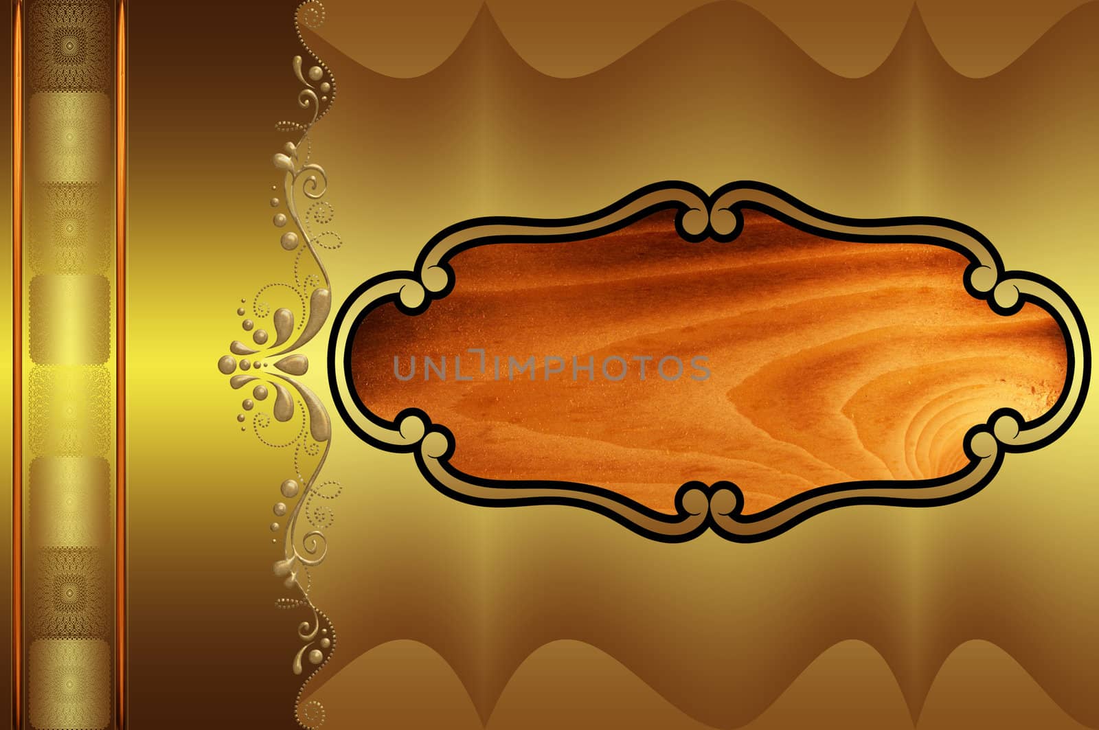 Golden background woth decorative wooden plate.For your text.