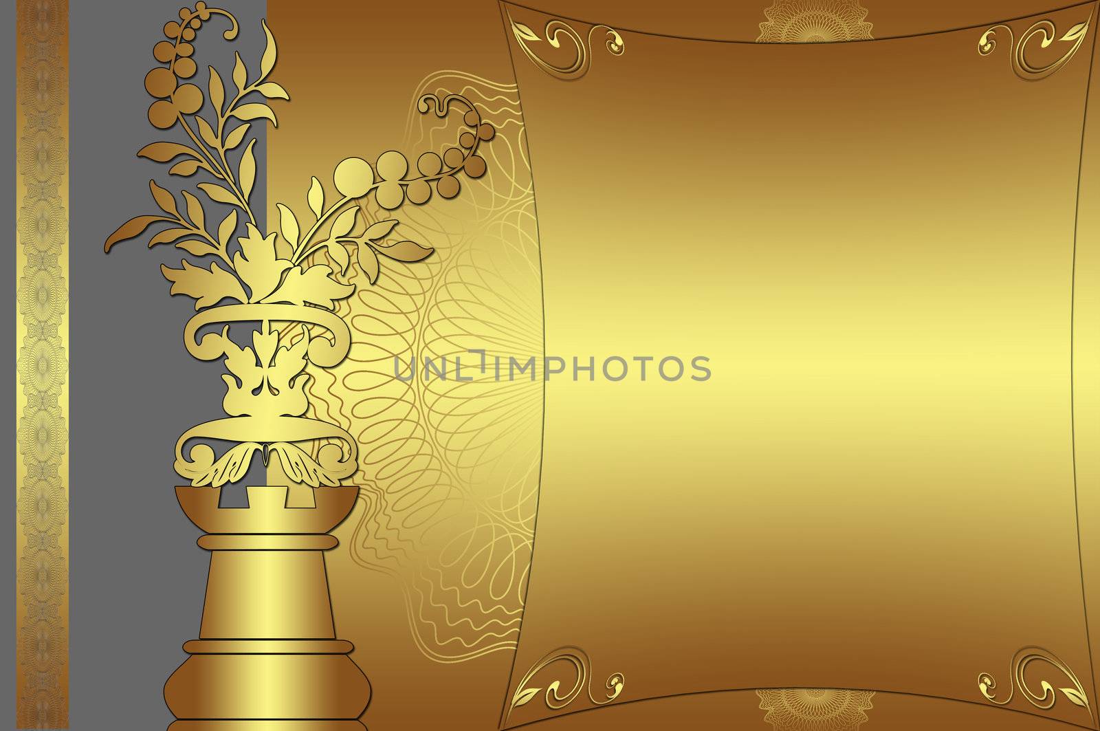 Golden background with decorative elements and golden frame for your design