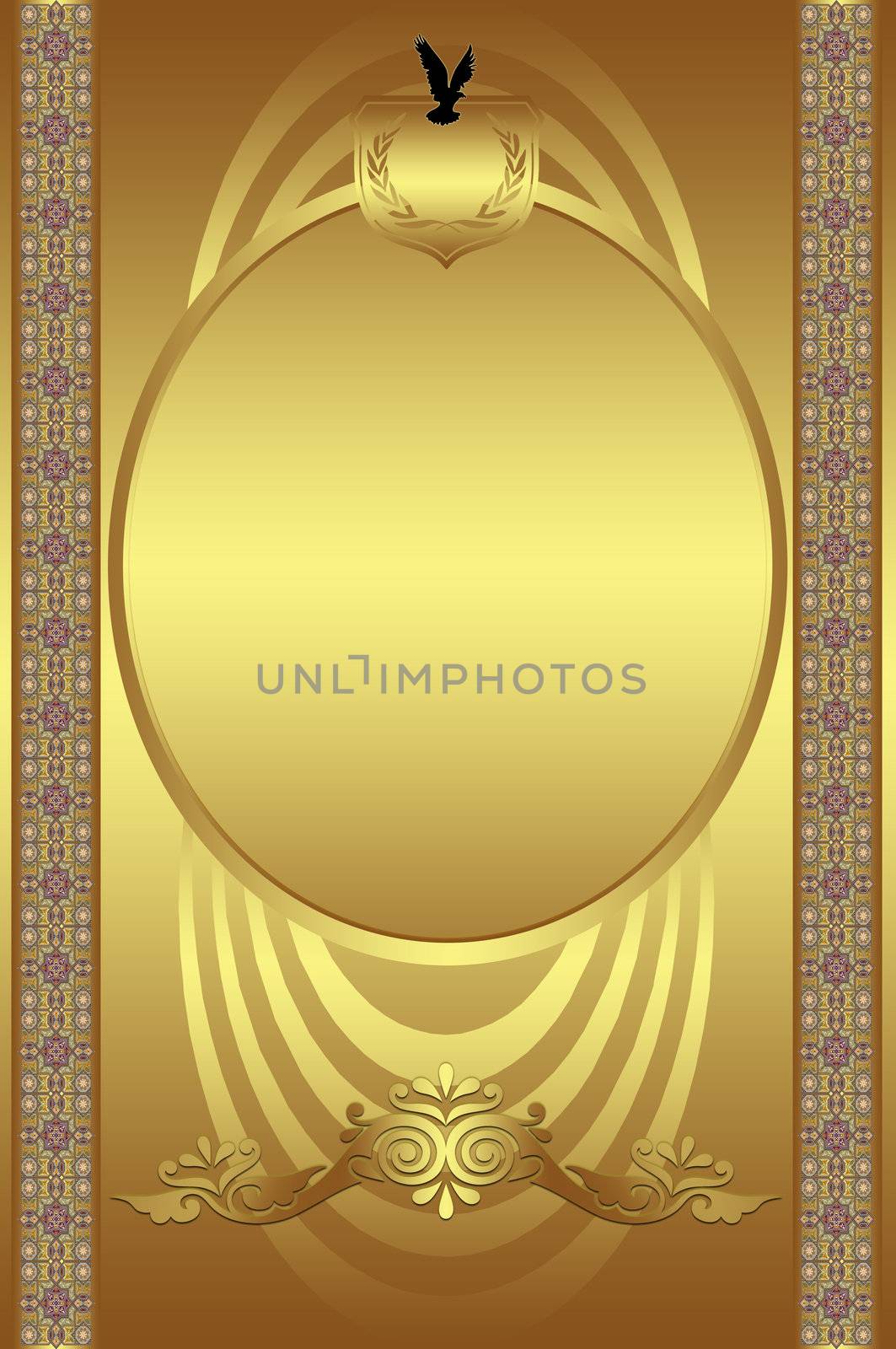 Decorative golden frame with elements on golden background