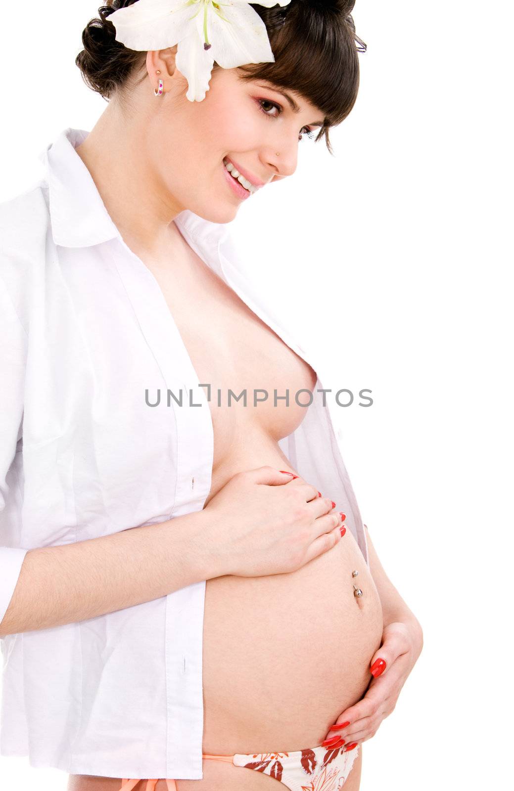 Happy pregnant woman on isolated white