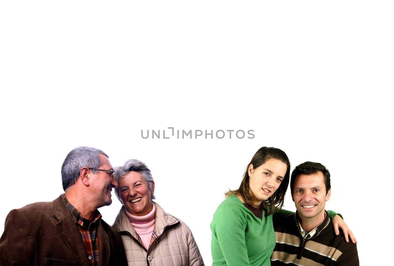 two couples, two generations over white background