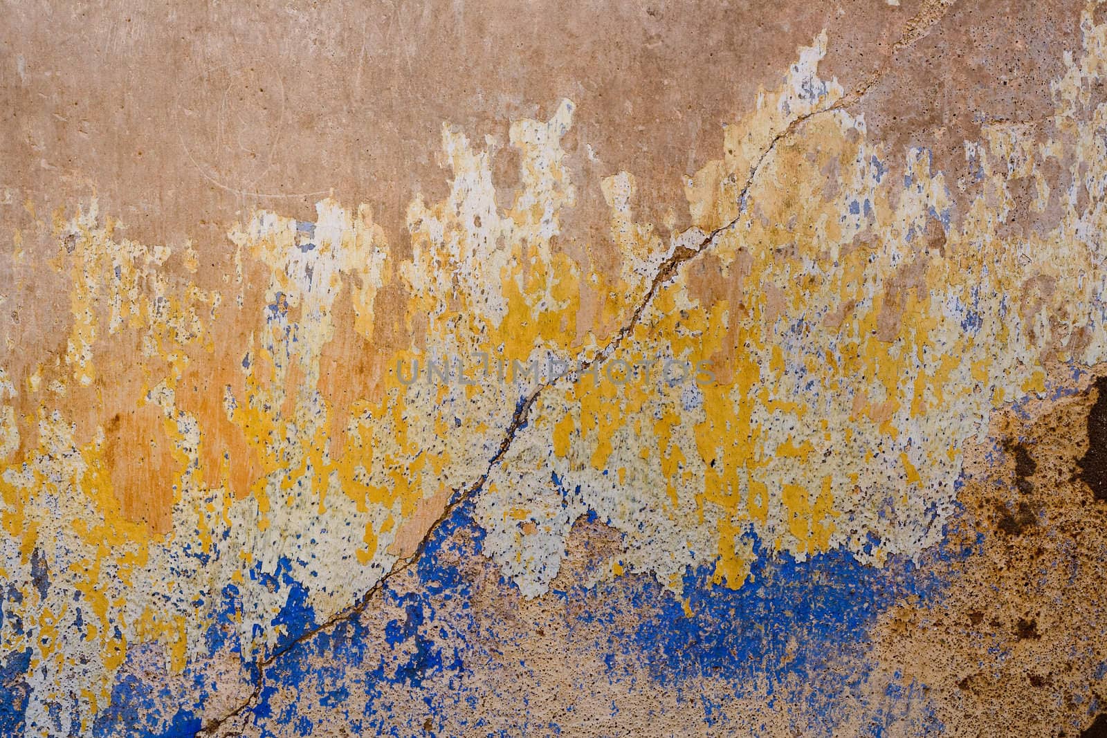 Old decayed blue and yellow concrete wall background.