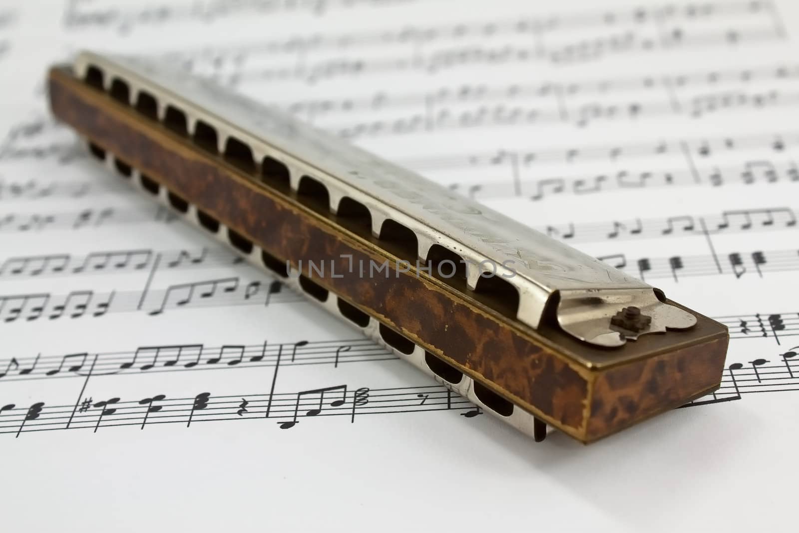 A harmonica on music sheets background
