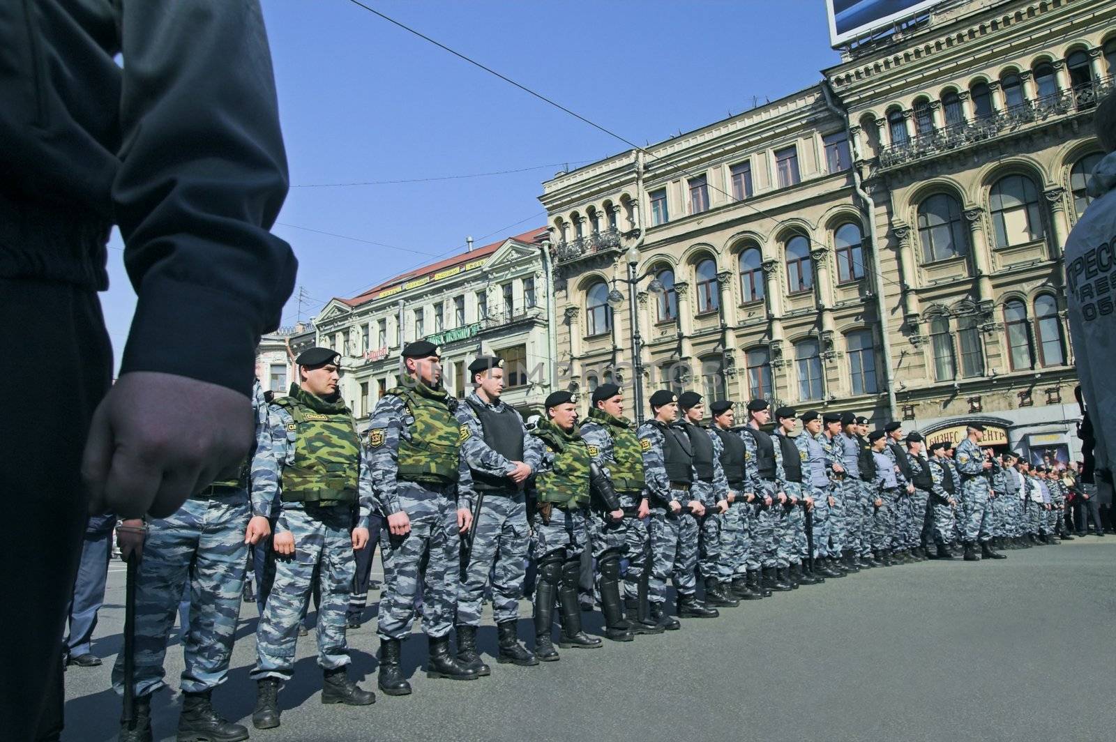 ST PETERSBURG - MAY 1: Police officers lined to keep order during opposition protest rallies May 1, 2008, in St Petersburg, Russia.