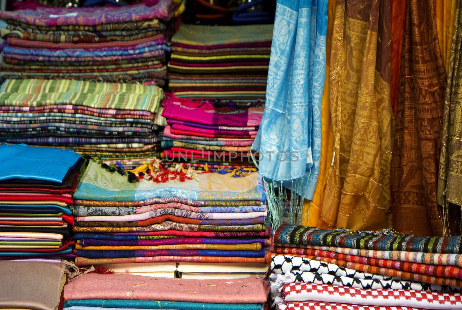 Scarves in a pile at the market of the old city of Jerusalem