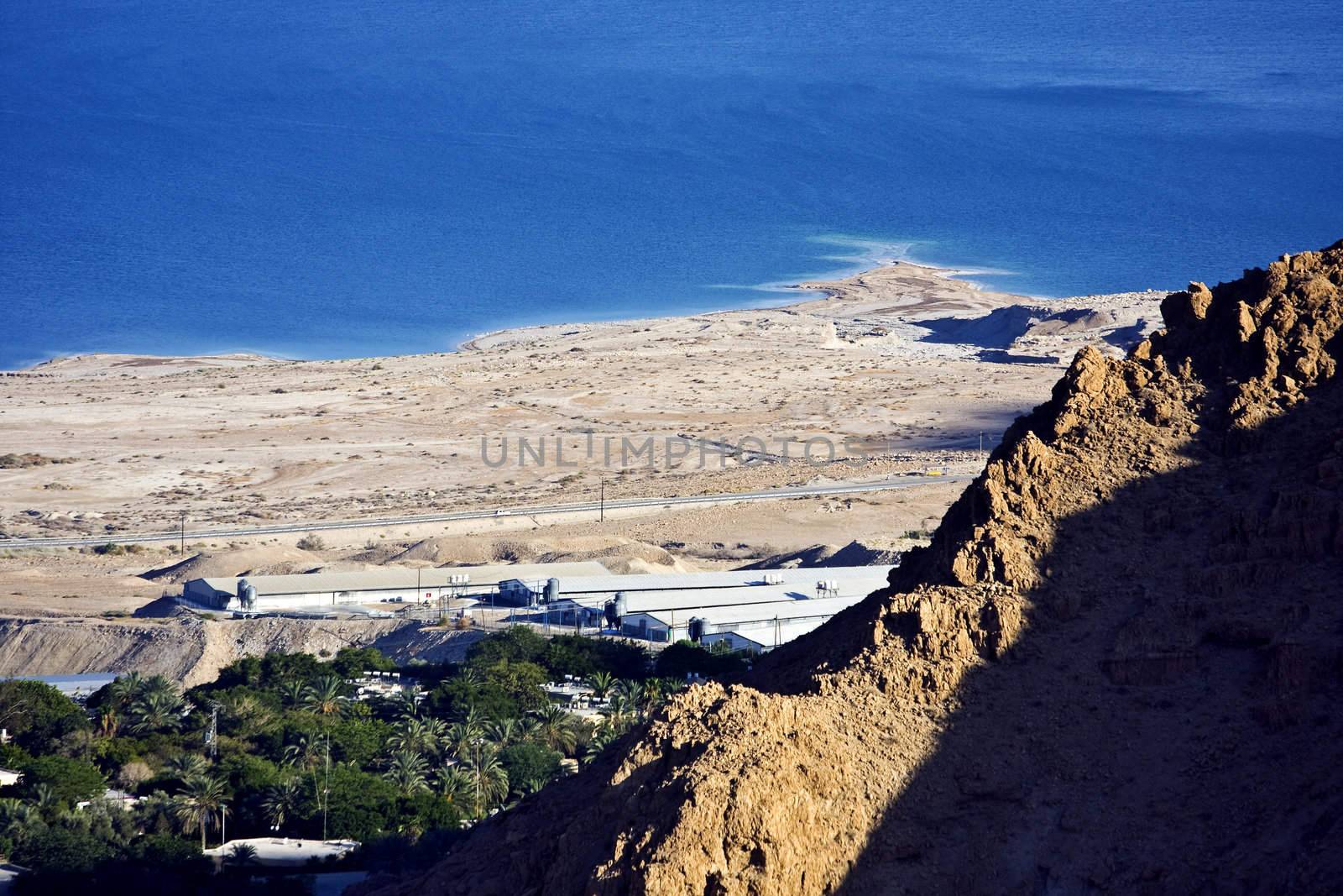 The water of the dead sea from the nearby mountains in Israel