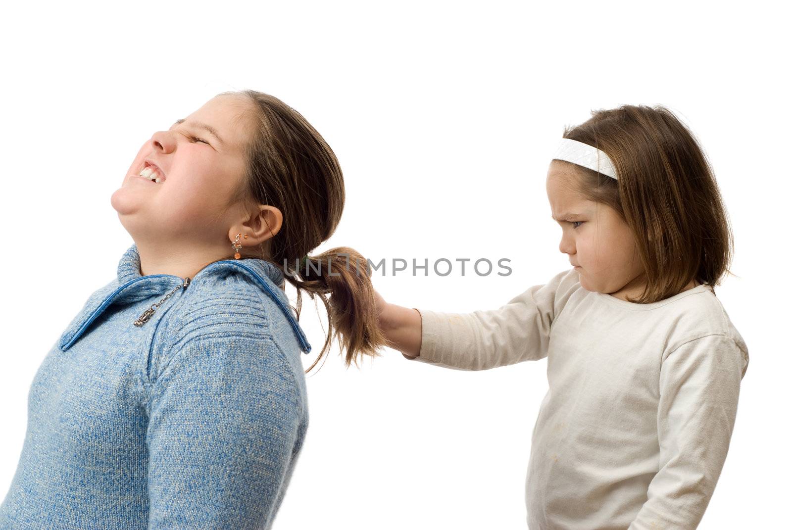 A mean little girl pulling on her older sister's hair, isolated against a white background