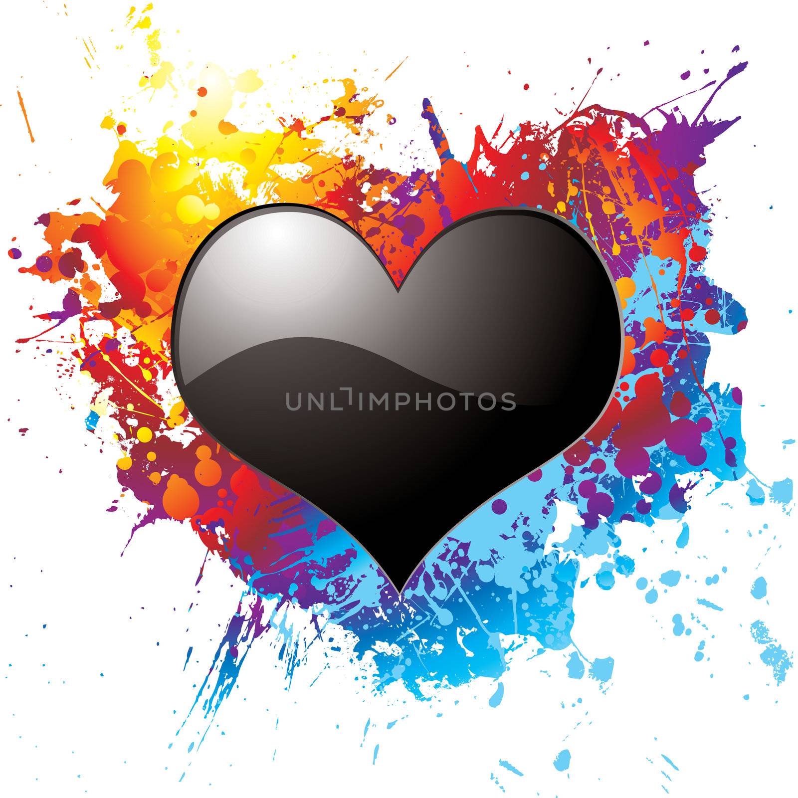 Black heart on a colorful ink splat illustrated background