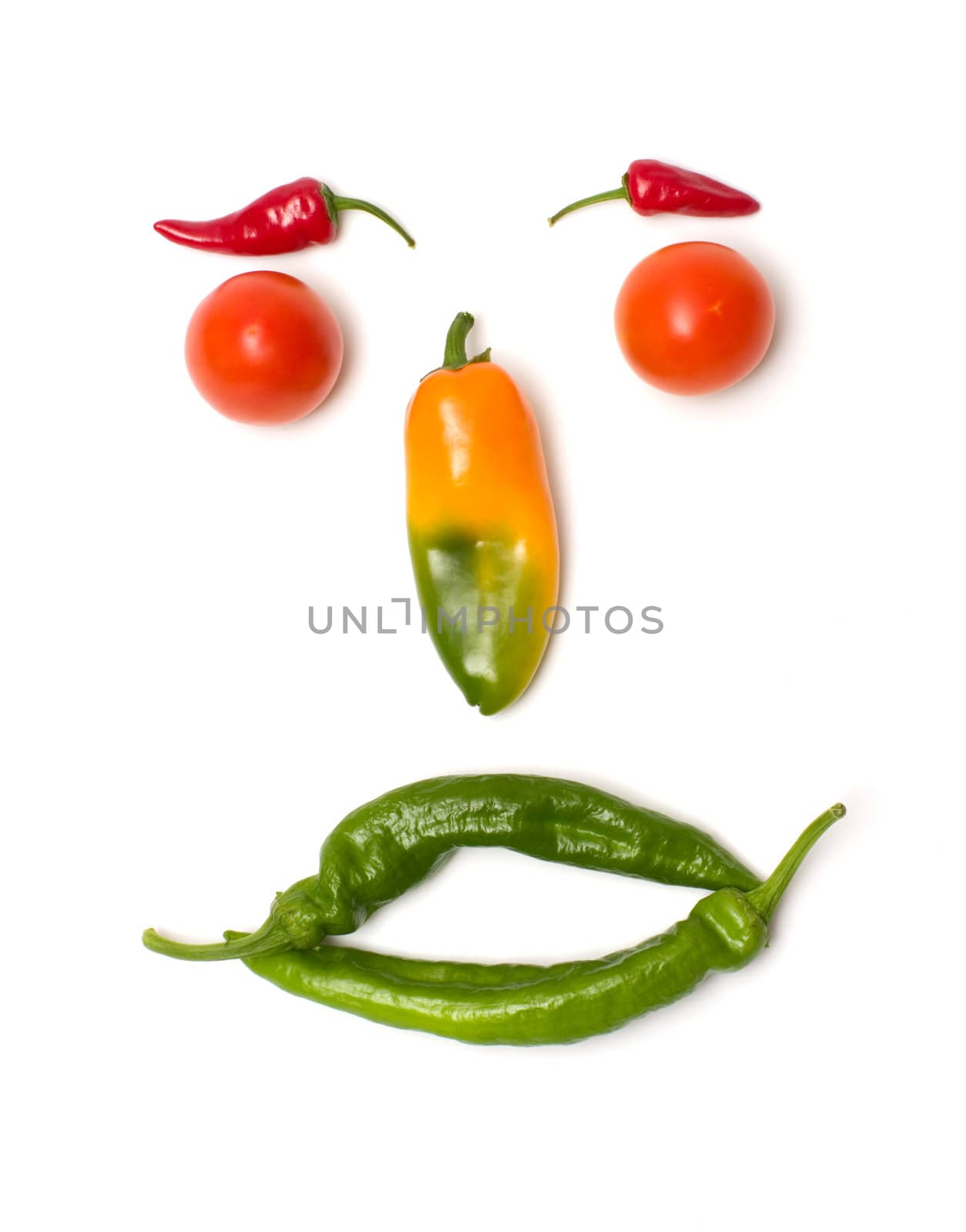 Smiling face of fresh vegetables isolated on a white background.