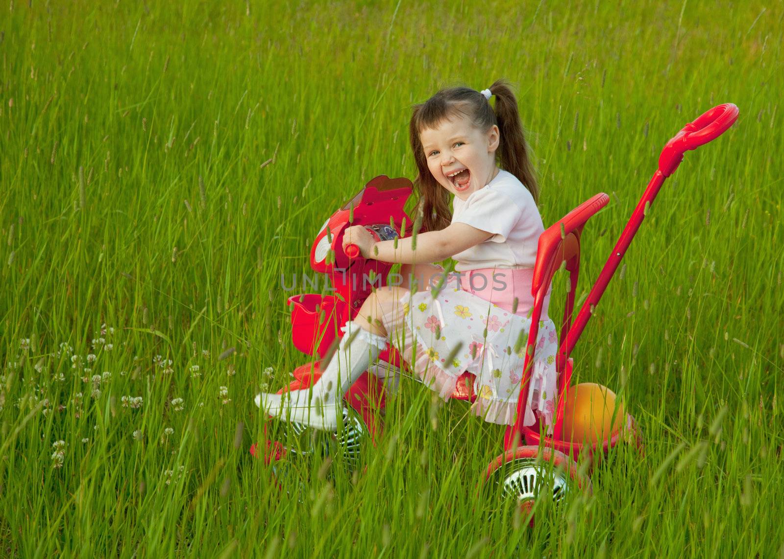 The cheerful little girl goes on a bicycle on a grass