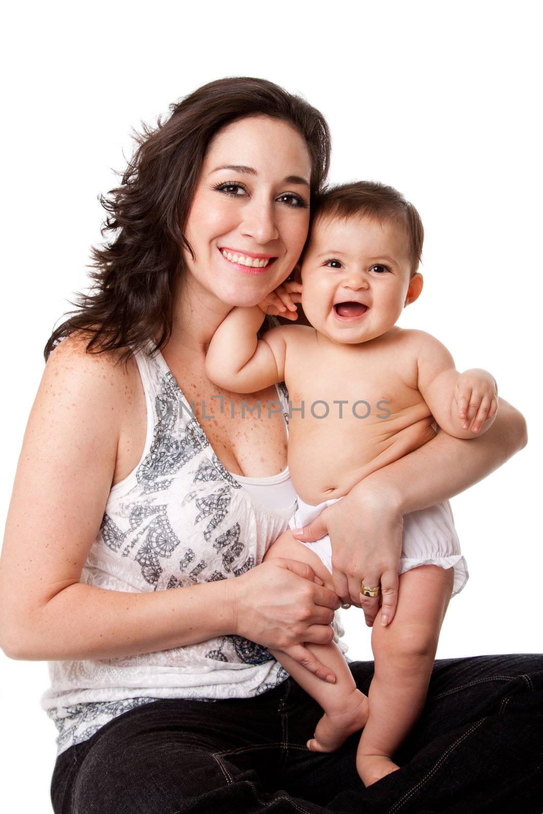 Beautiful family, happy mother with laughing baby on lap, isolated.