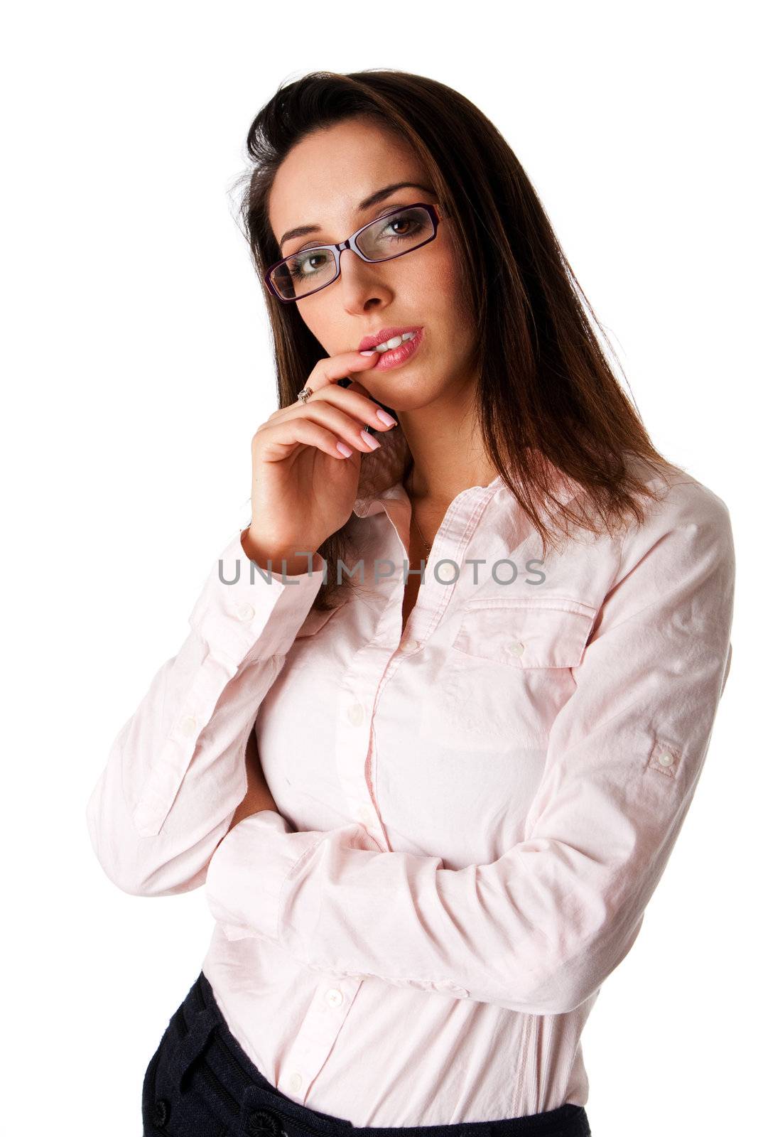 Beautiful smart successful Caucasian Hispanic entrepreneur business woman standing, wearing dark blue pants, pink shirt and glasses, thinking, isolated.