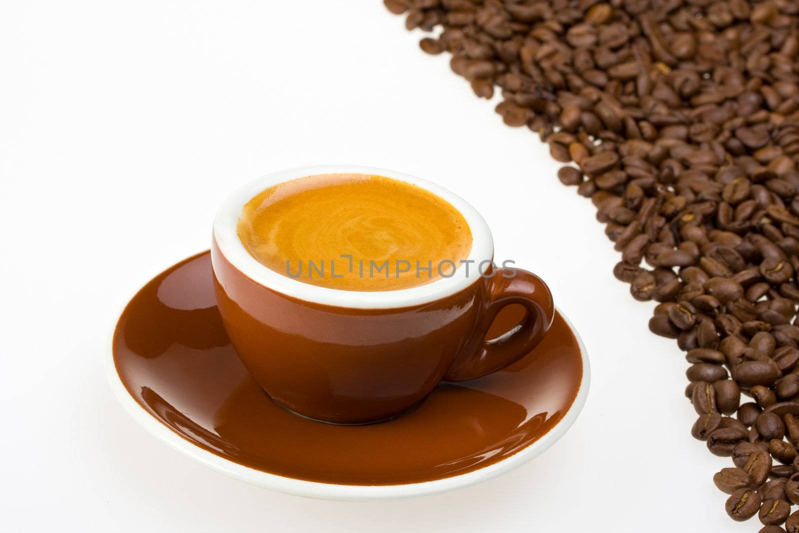espresso cup and coffee beans on white background by bernjuer