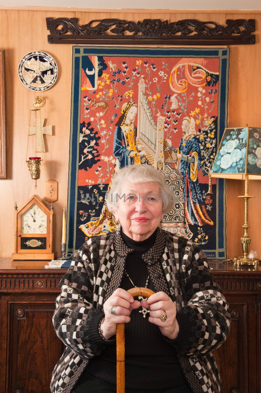 86 year old woman at her home, holding cane by rongreer