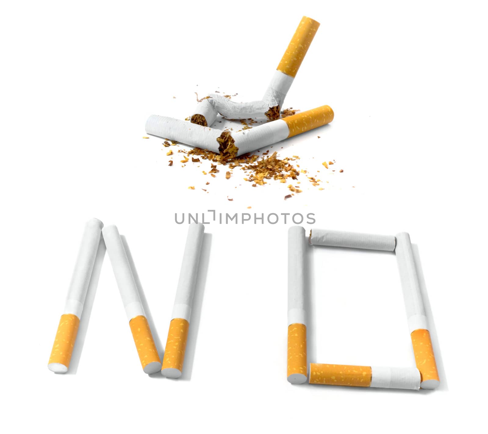 word "not" from cigarettes and the broken cigarettes on a white background.