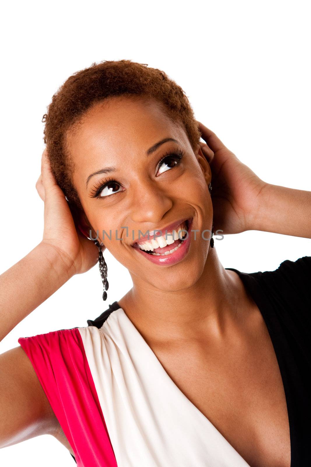 Fun face of beautiful African American business woman with big happy smile laugh and hands on head, isolated.