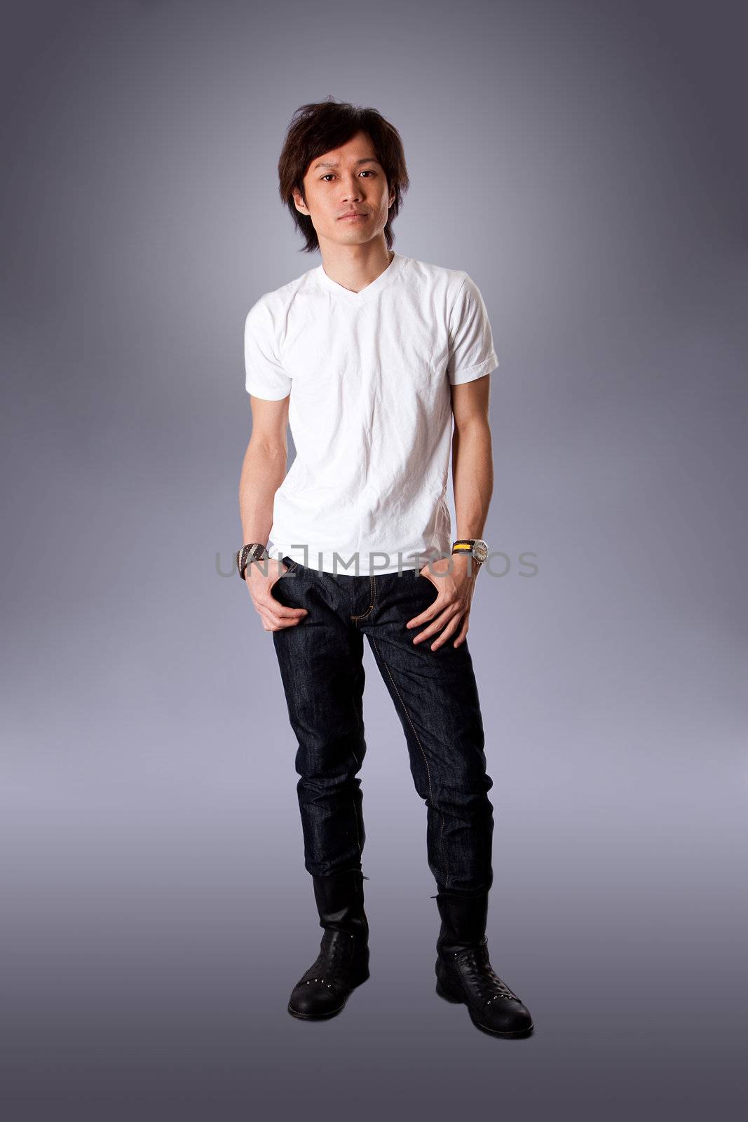 Casual Asian man wearing white shirt and jeans standing, isolated.